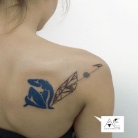 Abstract style colored scapular tattoo of woman shaped figure with ornaments