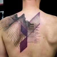 Abstract style colored scapular tattoo of various mountains