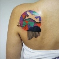 Abstract style colored scapular tattoo of geometrical figure with planes