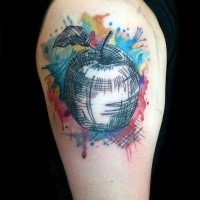 Abstract style colored shoulder tattoo of apple