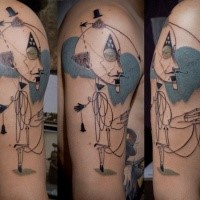 Abstrakter Stil farbiges Schulter Tattoo von mystischem Mann mit Gehirn