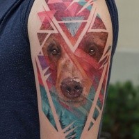 Abstract style colored shoulder tattoo of bear head with forest