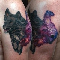 Abstract style colored shoulder tattoo of funny dog with stars