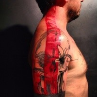 Abstract style colored shoulder tattoo of mystical skull with flowers