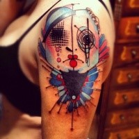 Abstract style colored shoulder tattoo of creepy fantasy monster