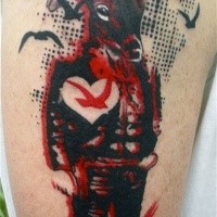 Abstract style colored shoulder tattoo of creepy deer with birds