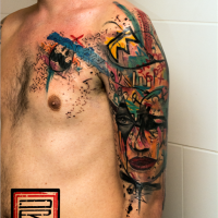 Abstract style colored shoulder tattoo of various pictures