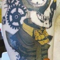 Abstract style colored shoulder tattoo of skeleton with old clock and mechanism