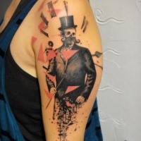Abstract style colored shoulder tattoo of creepy gentleman with clock