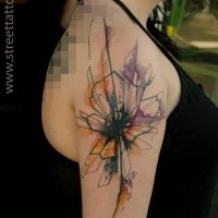 Abstract style colored shoulder tattoo of cool flower shaped ornament