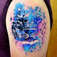 Abstract style colored shoulder tattoo of lion face