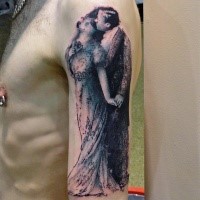 Abstract style colored shoulder tattoo of vintage couple