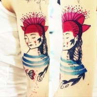 Abstract style colored shoulder tattoo of cute woman with flowers