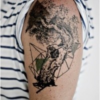 Abstract style colored shoulder tattoo of big tree with ornaments