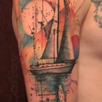 Abstract style colored shoulder tattoo of sailing ship and sun