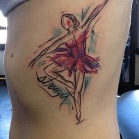 Abstrakter Stil farbiges Seite Tattoo von Ballett Tänzerin mit Schriftzug