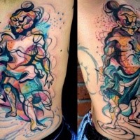 Abstract style colored side tattoo of various funny people