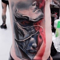 Abstract style colored side tattoo of mystical woman face