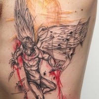 Abstract style colored side tattoo of flying Icarus with sun