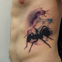 Abstract style colored side tattoo of ant with ornaments