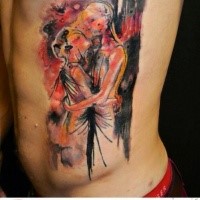 Abstract style colored side tattoo of happy couple