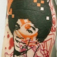 Abstract style colored tattoo of old famous singer and ornaments