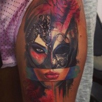Abstract style colored tattoo of woman face with mask and rose