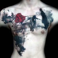 Abstract style colored tattoo on chest with flowers and people