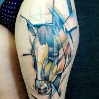 Abstract style colored thigh tattoo of horse head