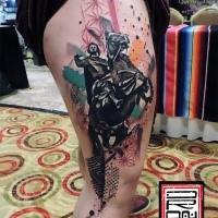 Abstract style colored thigh tattoo of stone statue with ornaments