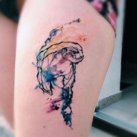 Abstract style colored thigh tattoo of interesting animal