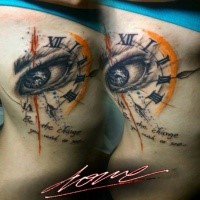 Abstract style colored thigh tattoo of eye with clock
