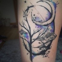 Abstract style colored thigh tattoo of tree with large moon