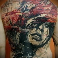 Abstract style colored whole back tattoo of sad woman