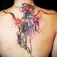 Abstract style colored whole back tattoo of mystical woman