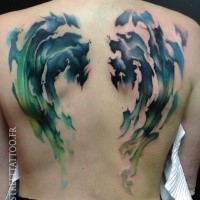 Abstract style colored whole back tattoo of mystic fog
