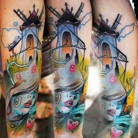 Abstract style colored wind mill with woman face tattoo