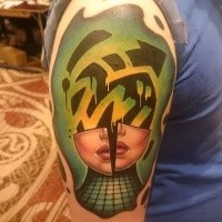 Abstract style colored woman face parts tattoo on shoulder