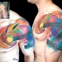 Abstract style colorful chest and shoulder ornaments tattoo