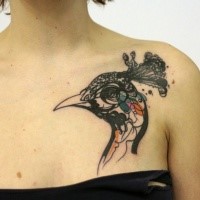 Abstract style colorful chest tattoo of peacock head