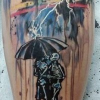 Abstract style colorful couple under umbrella with lightning tattoo on leg