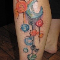 Abstract style colorful leg tattoo of solar system