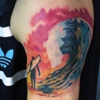 Abstract style colorful surfer with big waves tattoo on shoulder
