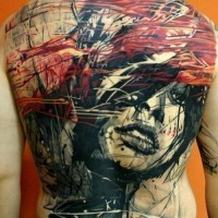 Abstract style colorful whole back tattoo of mystical woman portrait