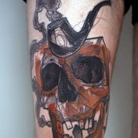 Abstract style designed and colored big skull with smoking pipe tattoo on thigh