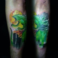 Abstract style designed multicolored Godzilla like tattoo on arm