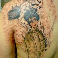 Abstract style detailed scapular tattoo of sad woman with birds and ornaments