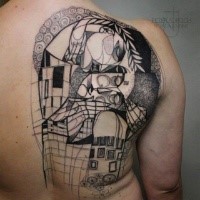 Abstrakter Stil im Gravur Stil Rücken Tattoo des menschlichen Porträts und Haus