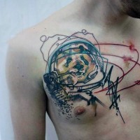 Abstract style funny colored panda in astronaut suit tattoo on chest