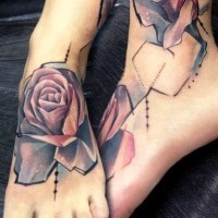 Abstract style geometric colored rose flowers tattoo on legs